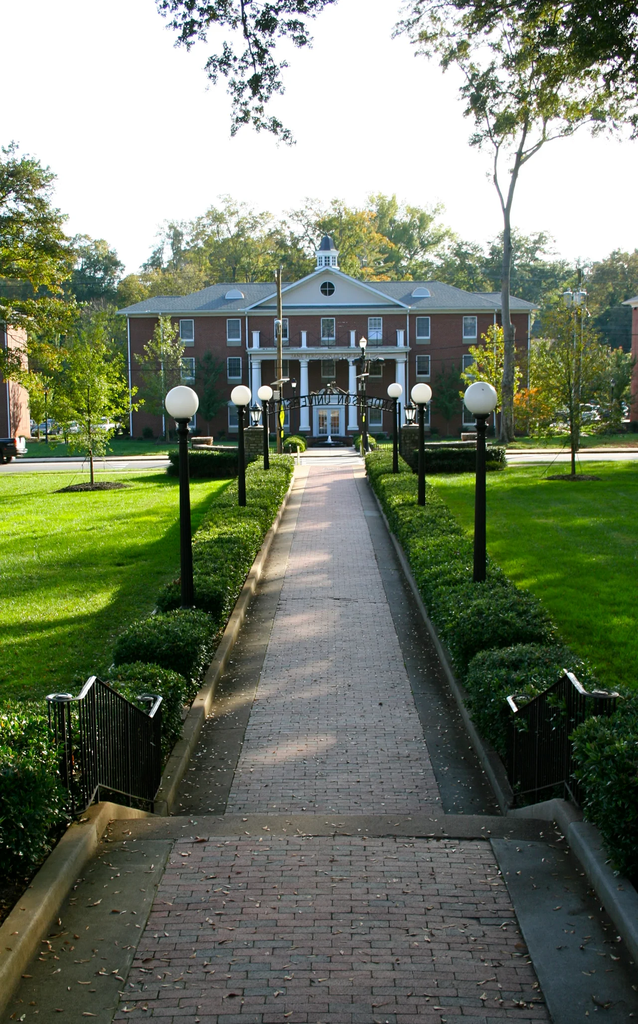 The front steps on the lawn of Anderson University in late summer