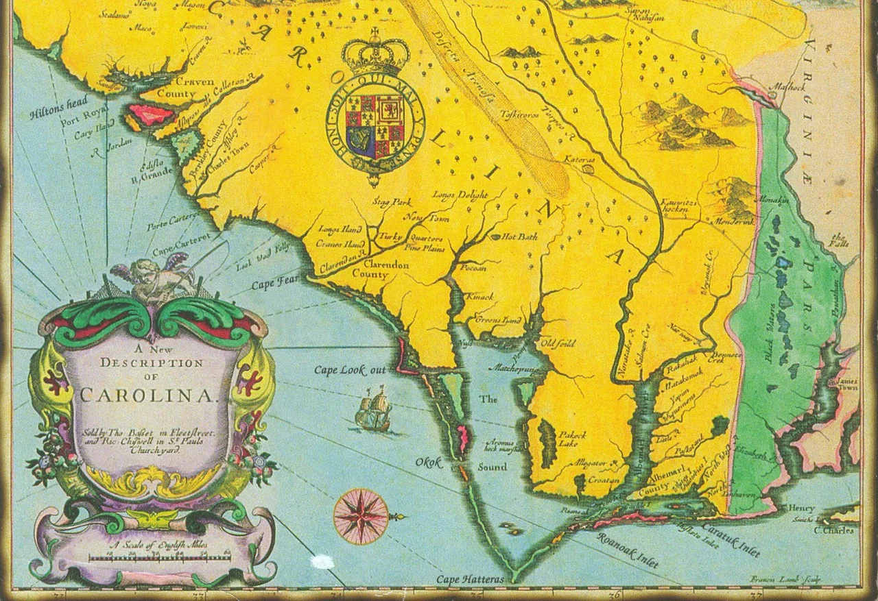 This map was made by John Speed who lived from 1542 to 1629. The map was drawn horizontally with North to the right. Note the spelling Ocracoke - Okok and Roanoke - Roanoak. Oregon Inlet hadsn't been formed yet, and Roanoak Inlet no longer exists. From "The Theatre of the Empire of Great Britain", re-issue of John Speed's map