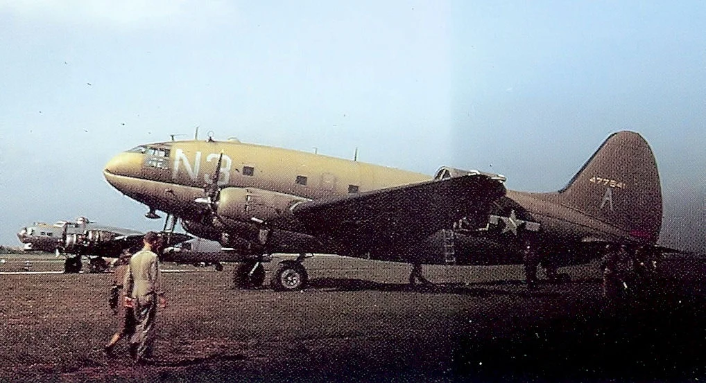 47th Troop Carrier Squadron Curtiss C-46D-10-CU Commando 44-77541, April 1945, Achiet Airfield (B-54), France. Aircraft damaged and w/o in an accident shortly afterwards in April 1945.