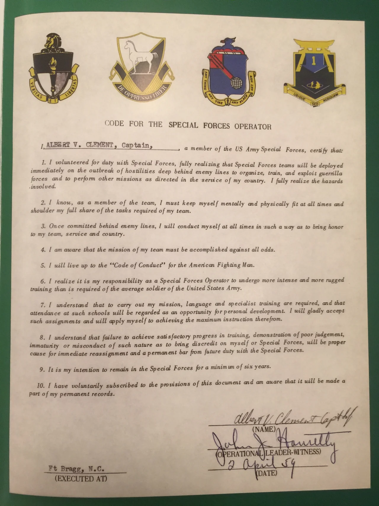 Example of the “Code of the Special Forces Operator” dated 1959. This example pre-dates DELTA among other units.