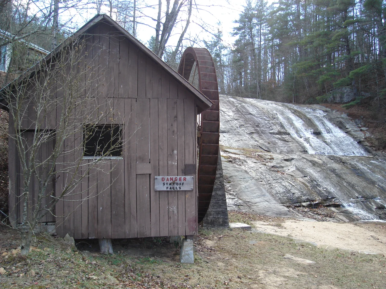 The wheelhouse at the bottom of the Moravian Falls waterfall.