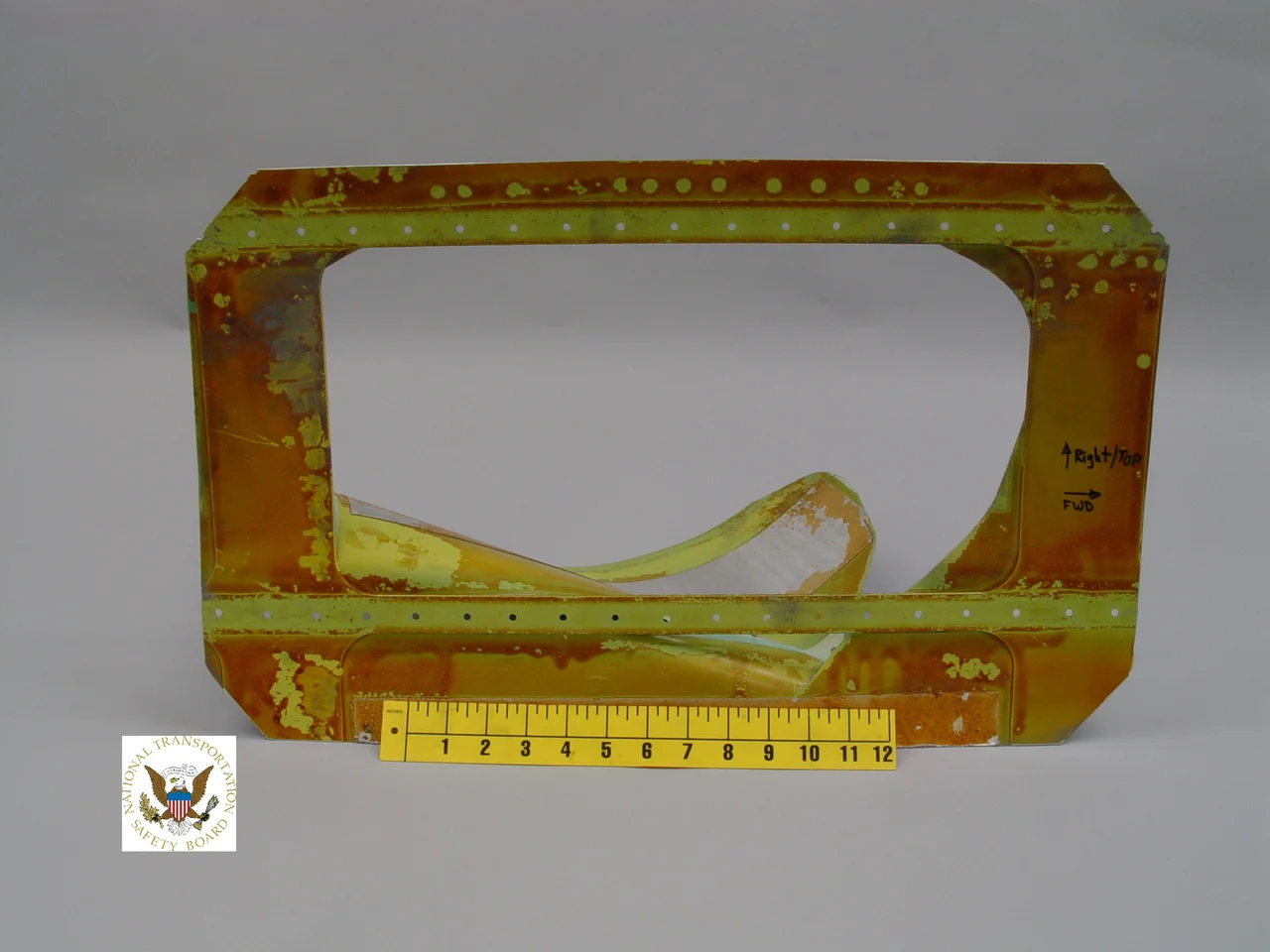 Interior view of the damaged section from Southwest Airlines Flight 2294, which suffered structural damage followed by rapid decompression on July 13, 2009.