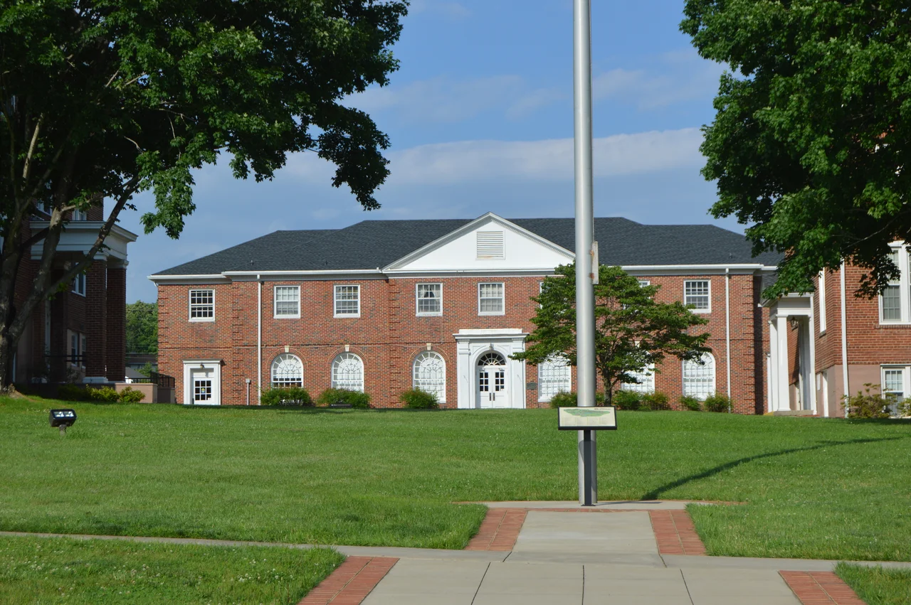 Front of Britt Hall on the campus of Ferrum College in Ferrum, Virginia, United States. Built in 1942, Britt is part of the college campus historic district, which is listed on the National Register of Historic Places.
