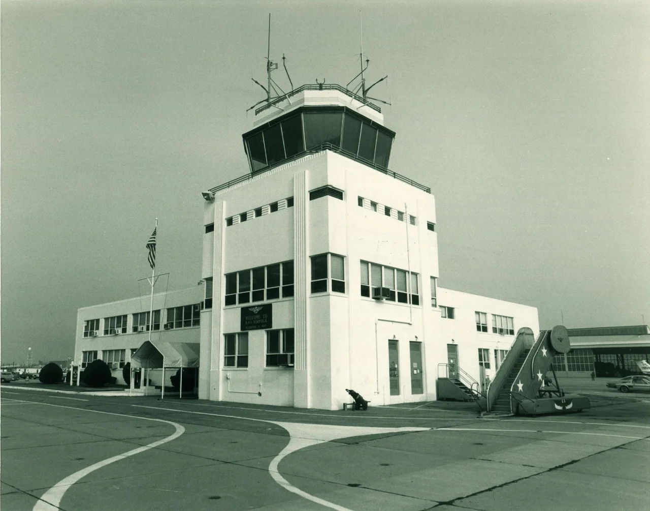 Chambers Field Building LP-1 in 1982, control tower and air traffic control offices. Building was located on the northwest corner of intersecting runways 10/28 and 1/19. Building no longer exists.