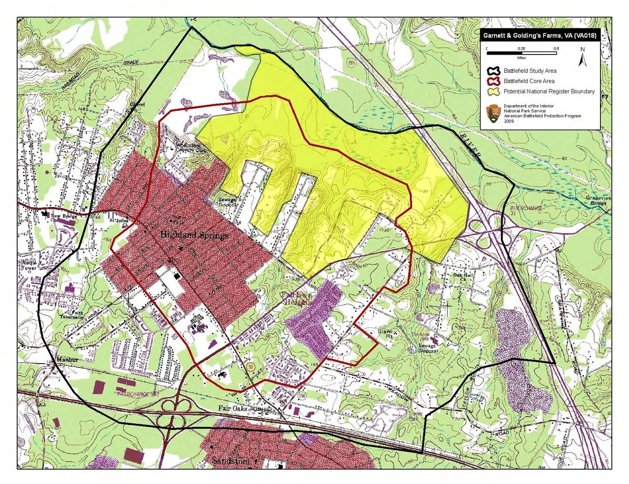 Map of battlefield core and study areas.