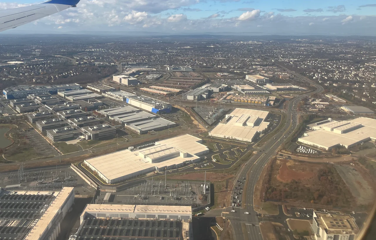 Aerial view of data centers intermingled with other commercial buildings in Loudoun County, near Ashburn