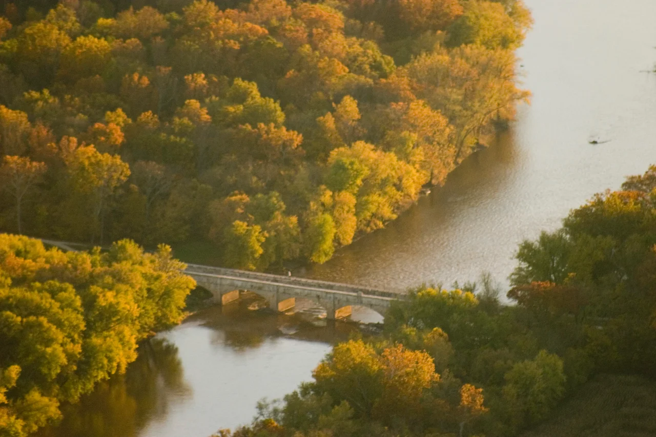 Aerial view of Monocacy Aqueduct. The aqueduct carries the Chesapeake and Ohio Canal across the mouth of the Monocacy River as it empties into the Potomac River.