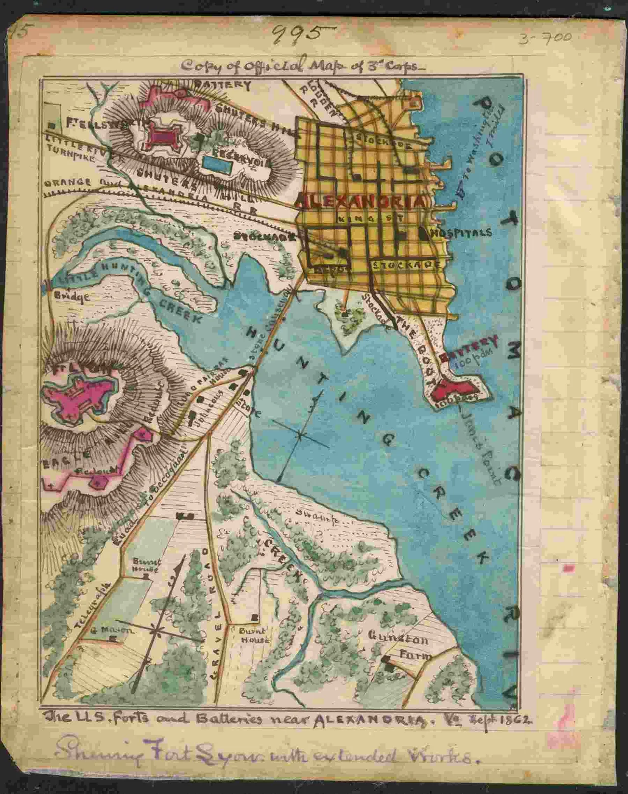 Shows the locations of Union fortifications surrounding Alexandria, Va., including forts Lyon and Ellsworth in Fairfax County. The locations of Hunting Creek and the Potomac River are also indicated.