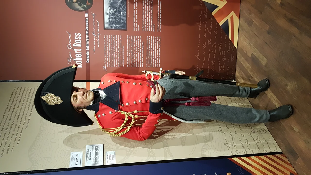A figure of Major General Robert Ross as he appeared in the Baltimore campaign, in the War of 1812 gallery in the Maryland Museum of Military History, which is housed at the Fifth Regiment Armory in Baltimore, MD.