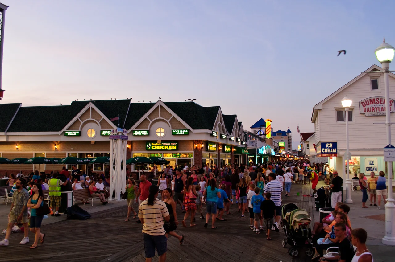 A view of the beach in Ocean City, Maryland looking north from the pier.