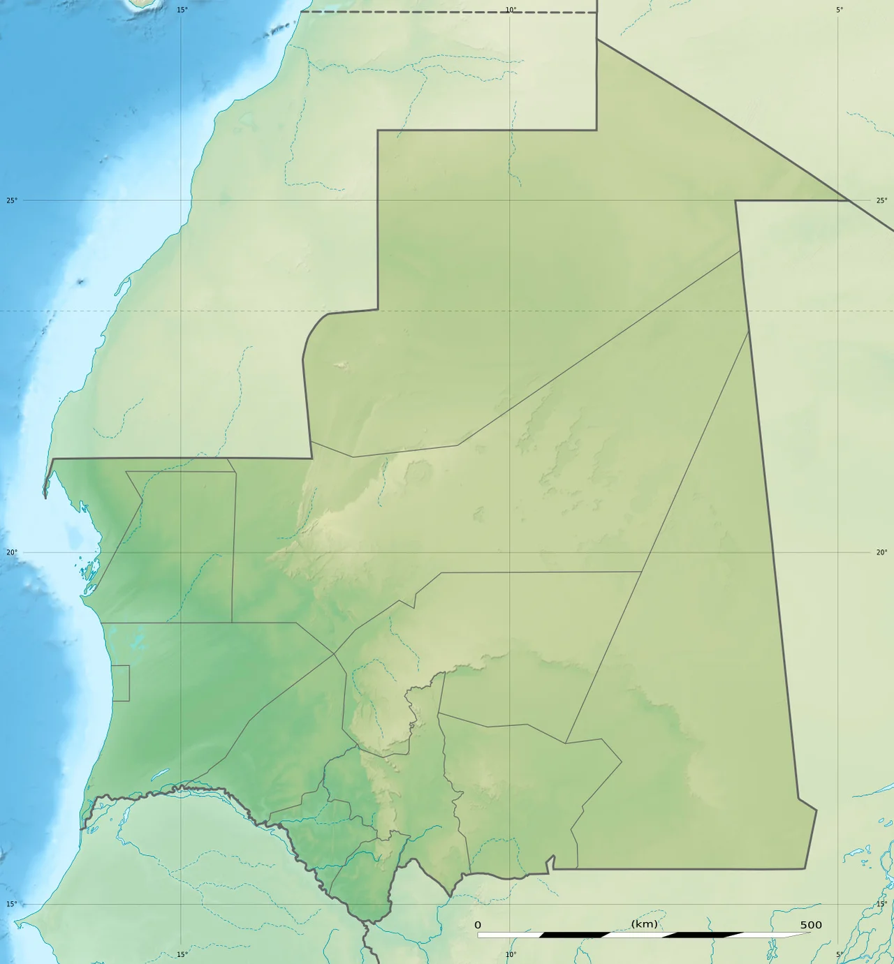 Blank physical map of Mauritania, for geo-location purposes.