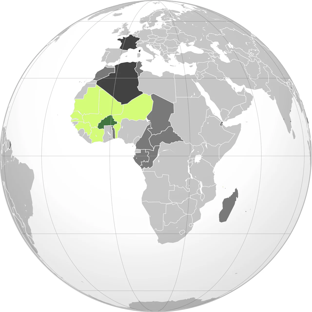 Green: French Upper VoltaLime: French West AfricaDark gray: Other French possessionsDarkest gray: French Republic