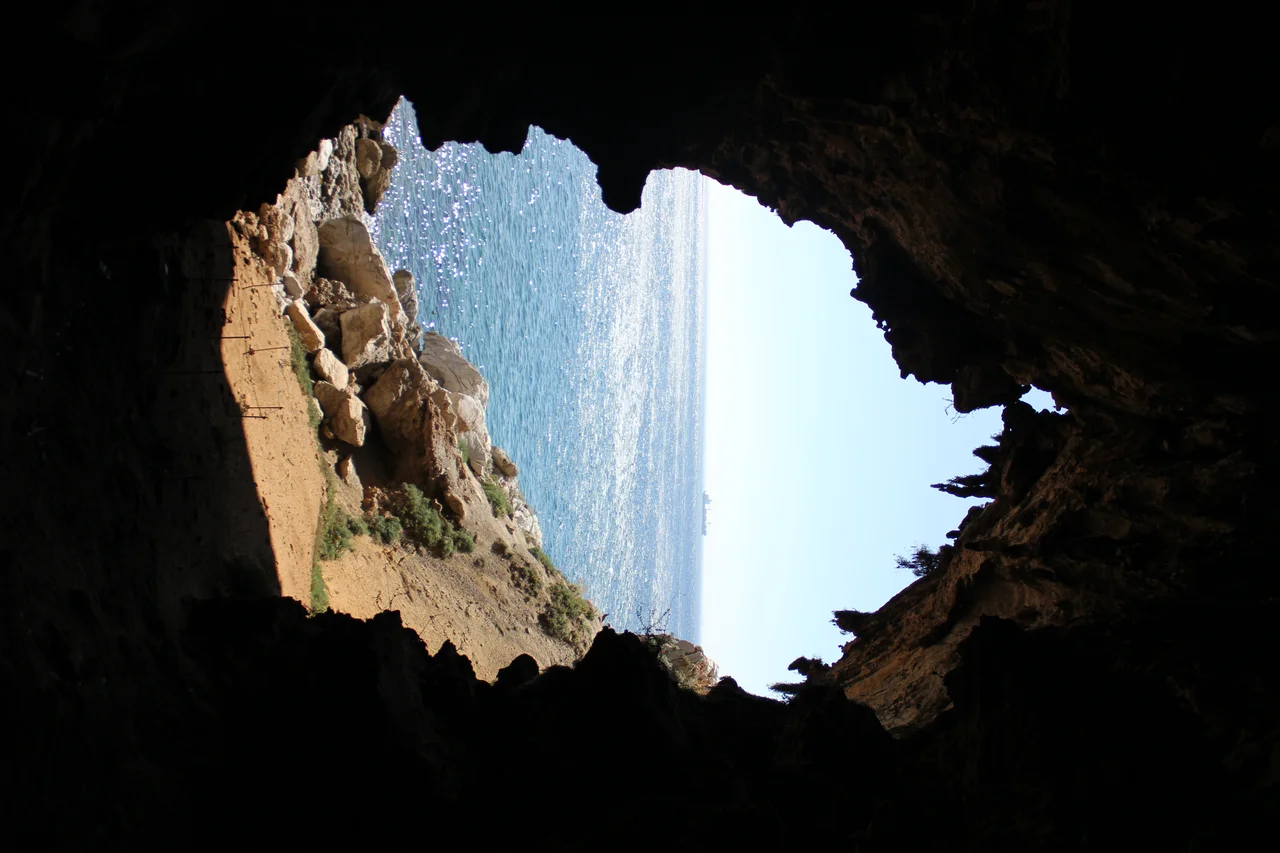 View of Gorham's Cave, a sea cave in the east face of the Rock of Gibraltar, Gibraltar.