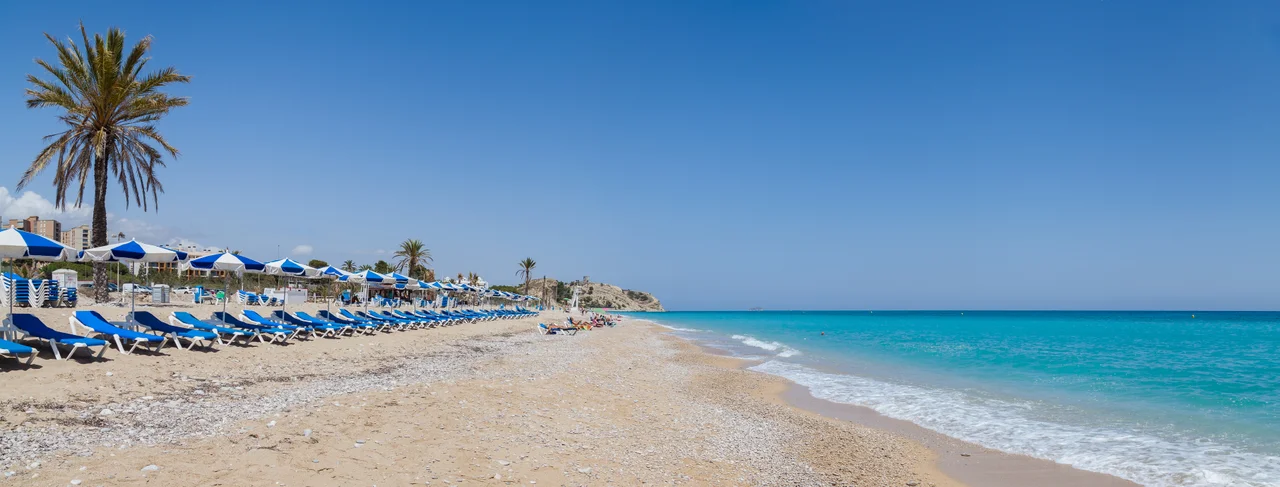 Panoramic view of Paraíso ("Paradise") Beach in Villajoyosa  at the Mediterranean Sea (Marina Baixa, Valencian Community), Spain.