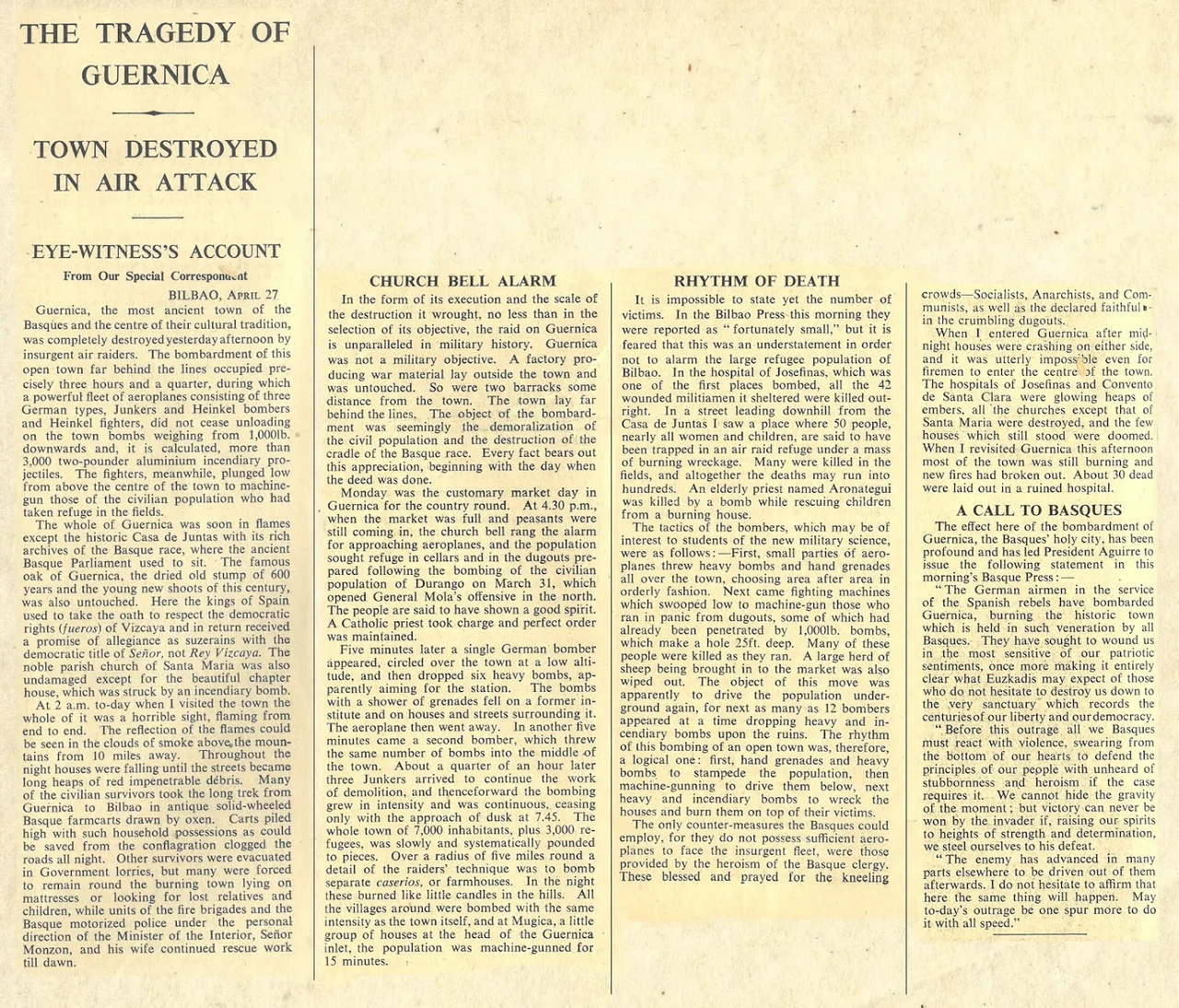 Chronicle of the bombing of Guernica made the day after the bombing and published in "The Times".