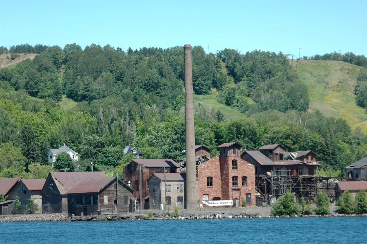 Old industrial buildings in Houghton, Michigan, Upper Peninsula. Quincy Smelter, a copper smelter in use from 1898-1971 in Franklin Township, Houghton County