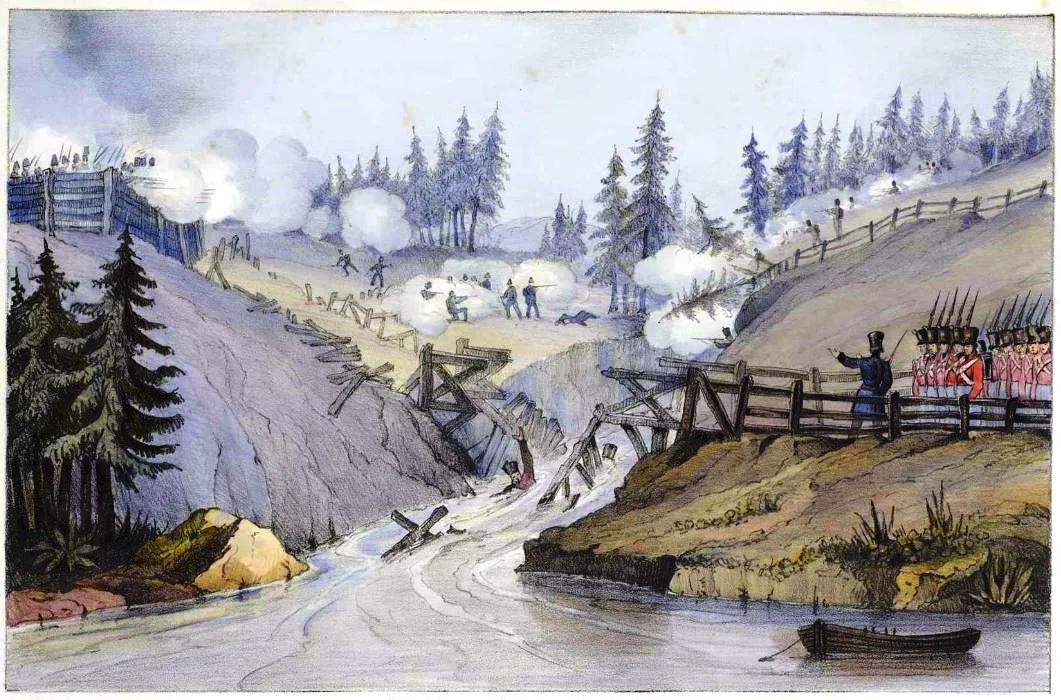 A Fortified Pass - Colonel Wetherall Advancing to the Capture of St. Charles, 25th Novr 1837Originally published in the book:
Lithographic views of military operations in Canada under His Excellency Sir John Colborne, G.C.B. etc. during the late insurrection. From sketches by Lord Charles Beauclerck, captain Royal Regiment. Accompanied by notes historical and descriptive.London : published by A. Flint,1840