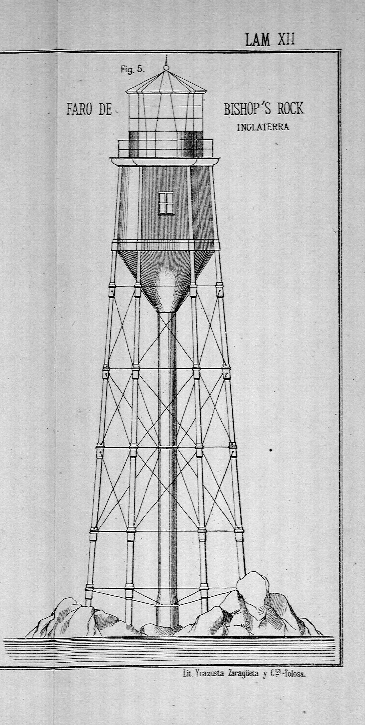 Detalle del Faro de Bishop Rock en Inglaterra según una lamina del libro Puentes de hierro económicos, muelles y faros sobre palizadas y pilotes mecánicos. Madrid: Librería Editorial de Bailly-Bailliere e Hijos