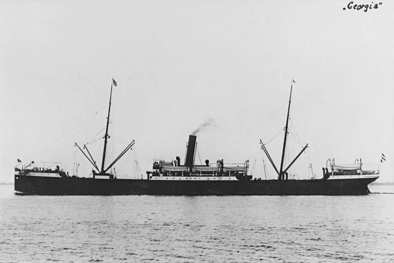 The HAPAG steamship Georgia. She was completed in 1891 as the DRH steamship Pickhuben. HAPAG bought and renamed her in 1895.