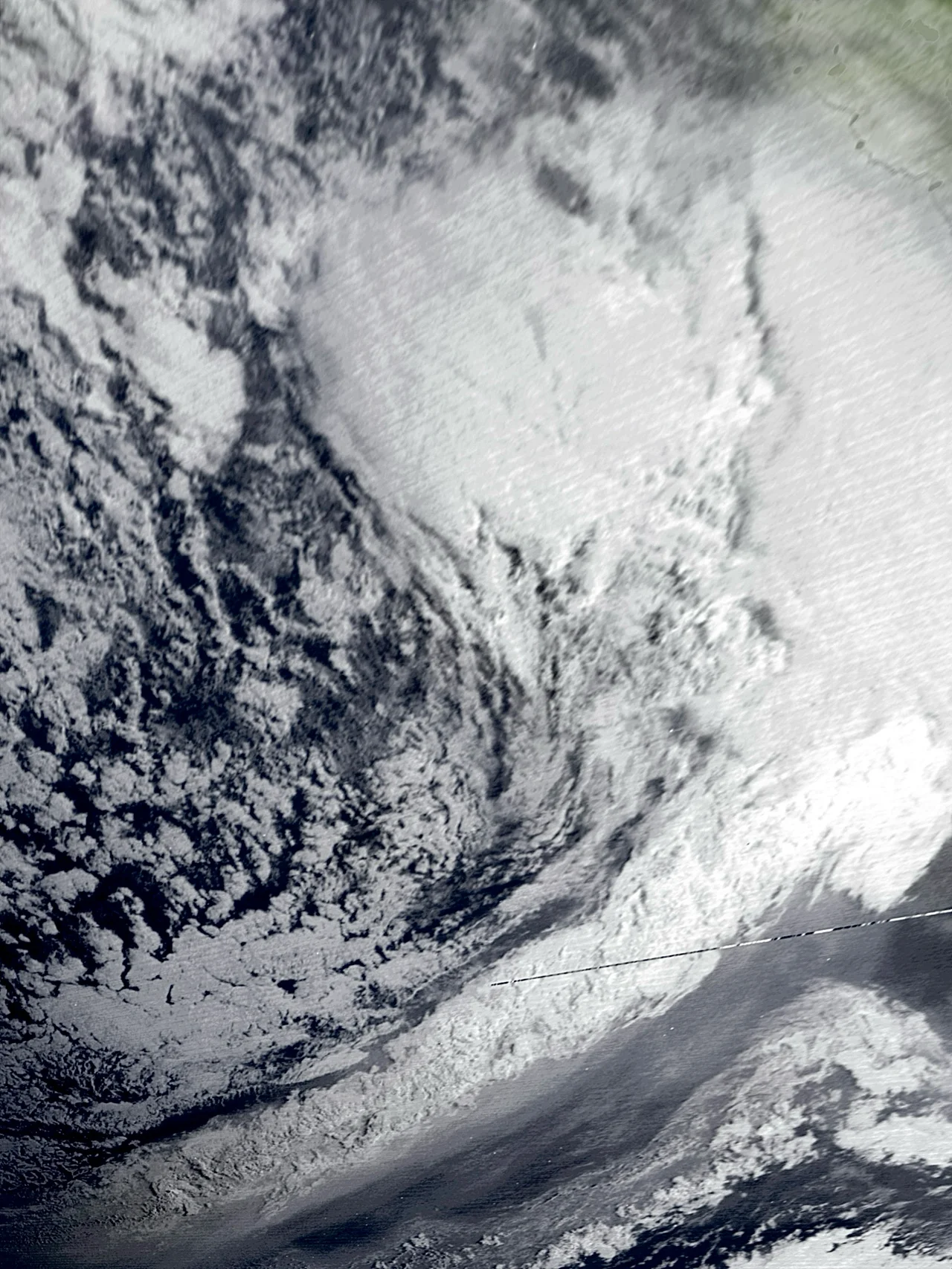 The European windstorm responsible for the 1979 Fastnet Race disaster on August 13, 1979 as it approaches the British Isles. This was taken using the VISSR imaging instrument onboard the SMS-2 geostationary satellite, the original image was taken in grayscale but was superimposed using NASA’s Blue Marble (2002) image through a digital editing software to give a “true-color” effect and make storm structure features easier to see and identify.