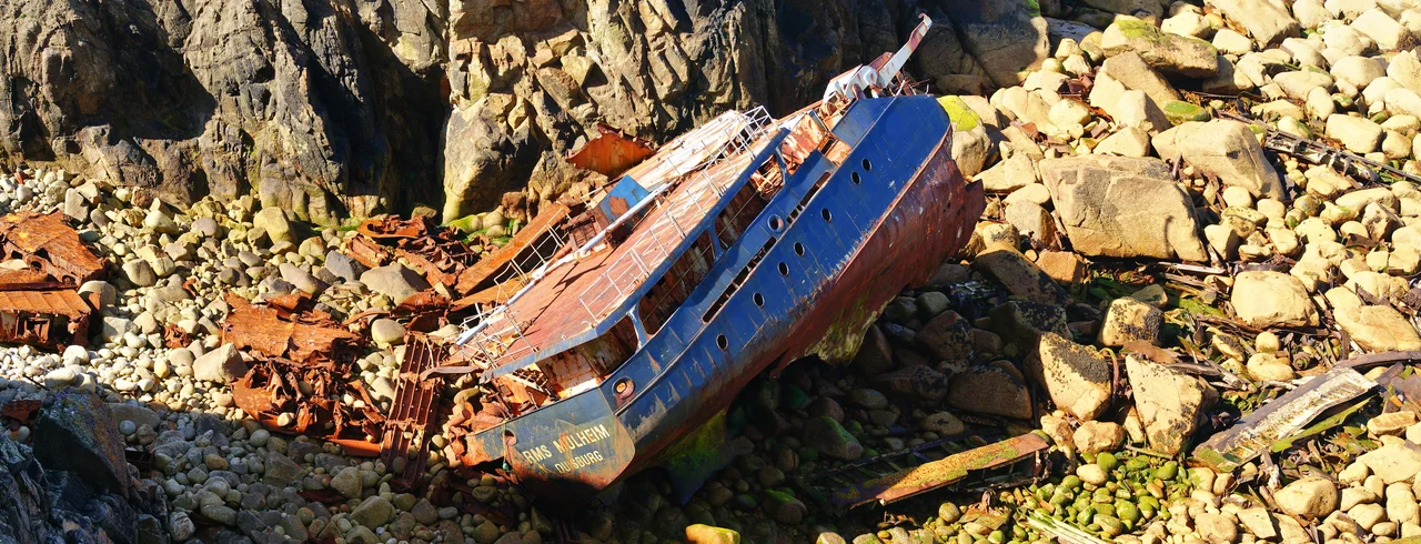 Remains of the RMS Mülheim near Lands End in Cornwall, UK. It went aground in March 2003.
