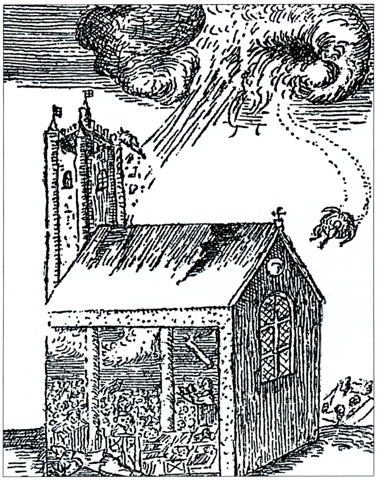 A contemporary woodcut of The Great Thunderstorm, Widecombe, Dartmoor, Devon, England which occurred in 1638.