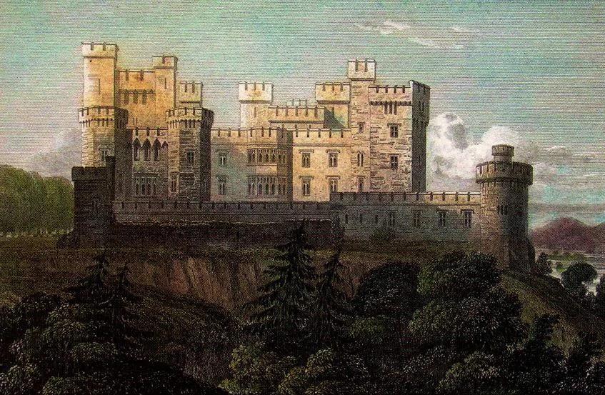 Hand coloured version of Mitchelstown Castle, Ireland. Early 19th century print, in the public domain in the USA as it is over 100 years old.