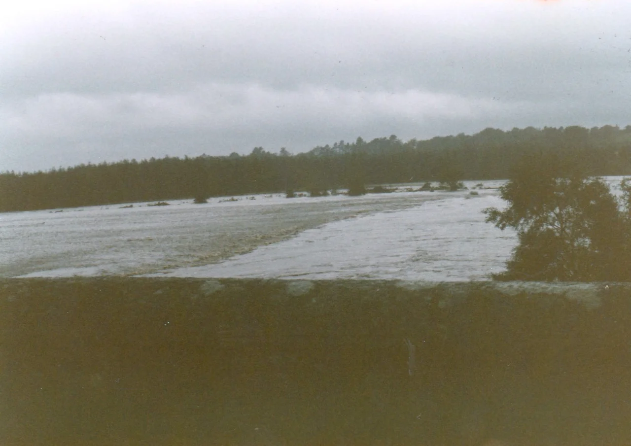 The River Liffey in flood under Ballyward Bridge, Manor Kilbride, Blessington, Co Wicklow during Hurricane Charley, 1986. Looking west.