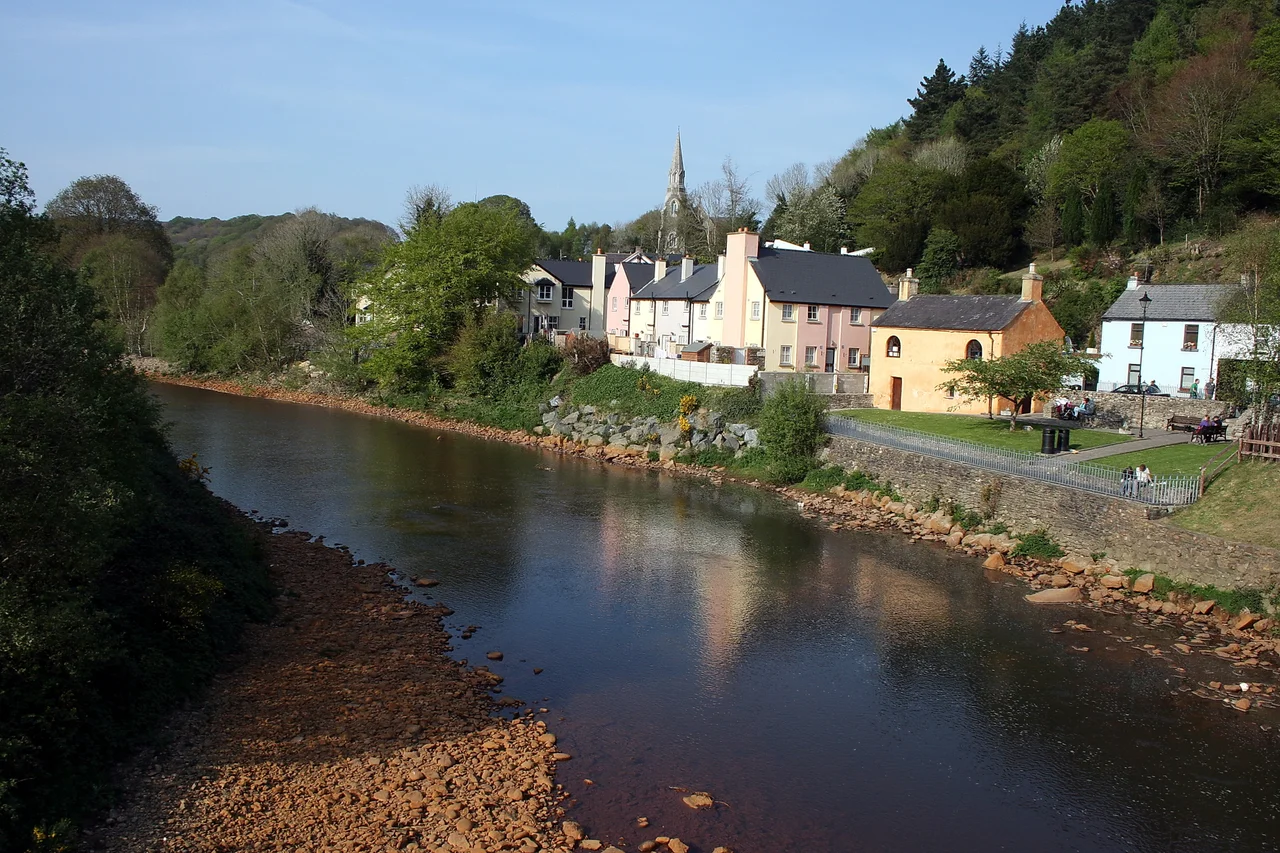 The River Avoca at the village of Avoca. Note the colour of the stones on the river bed; it is caused by centuries of run-off from the Copper Mines upstream.