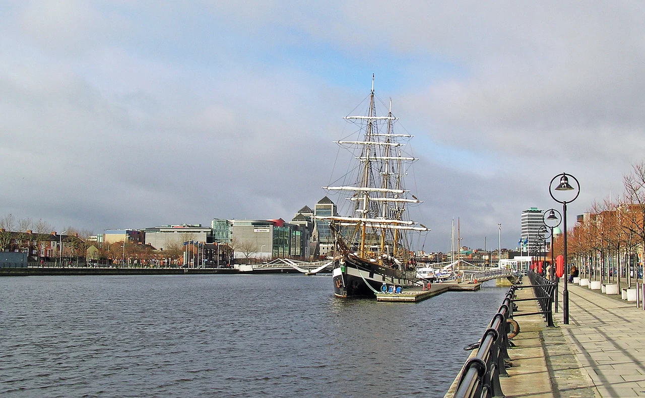 Ship Jeanie Johnston at River Liffey in Dublin, Ireland