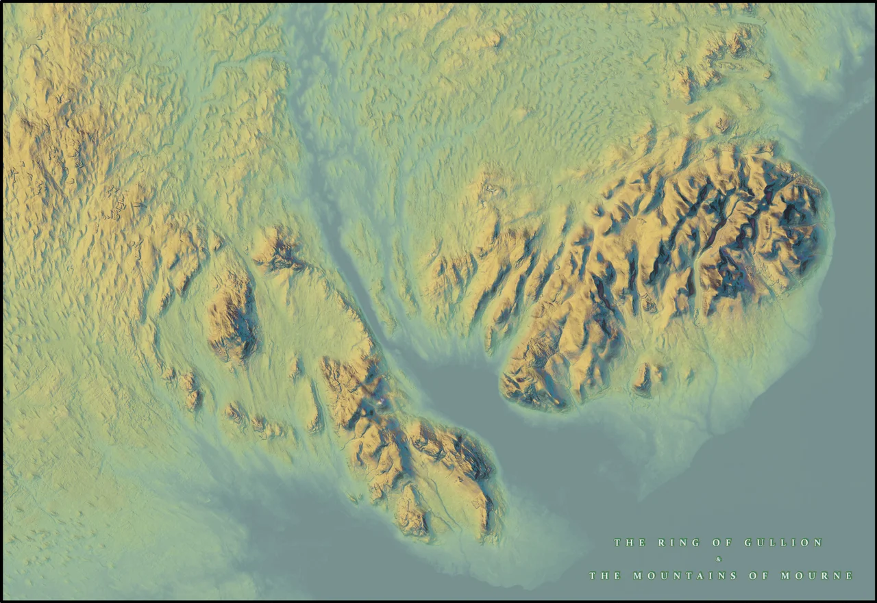 Topographic Elevation map of the Ring of Gullion and The Mourne Mountains.