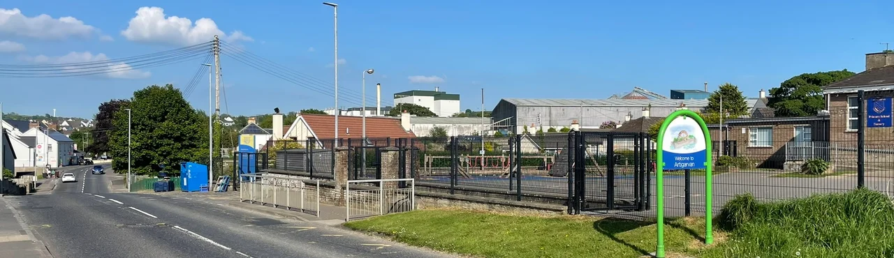 The Artigarvan skyline. Visible L-R: the Spar shop, Leckpatrick creamery, Strabane Mills, Artigarvan Primary School.