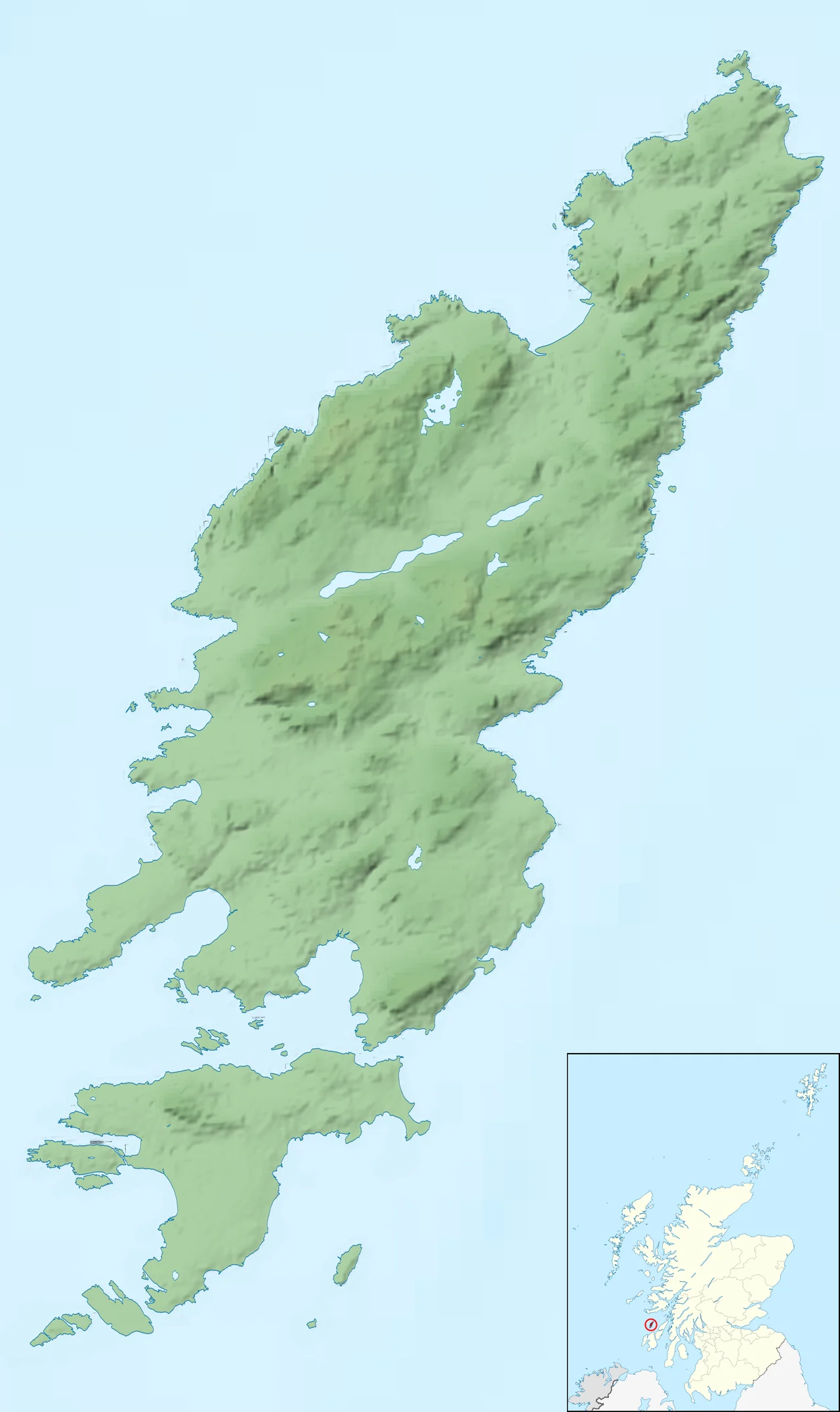 A topographic relief map of the Isle of Colonsay
Equirectangular map projection on WGS 84 datum, with N/S stretched 175% 
geographic limits:
WEST: 6.285W
EAST: 6.130W
NORTH: 56.139N
SOUTH: 55.990N

this map is attempting to imitate the style of File:Isle_of_Skye_UK_relief_location_map.jpg by User:Nilfanion!