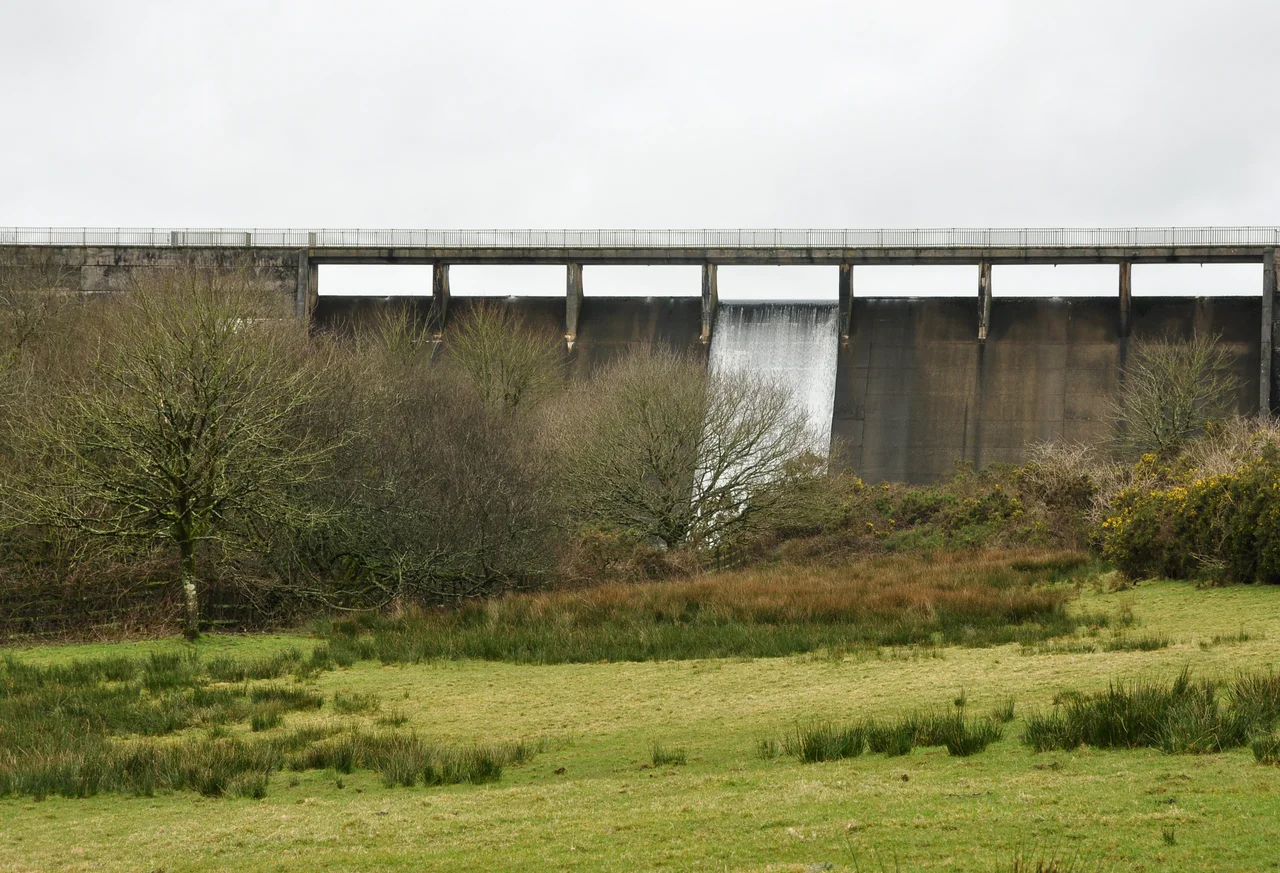 The Upper Tamar Lake dam, on the Devon/Cornwall border near Alfardisworthy.