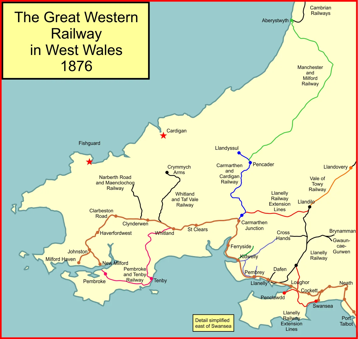 Railway lines in West Wales, UK, in 1876