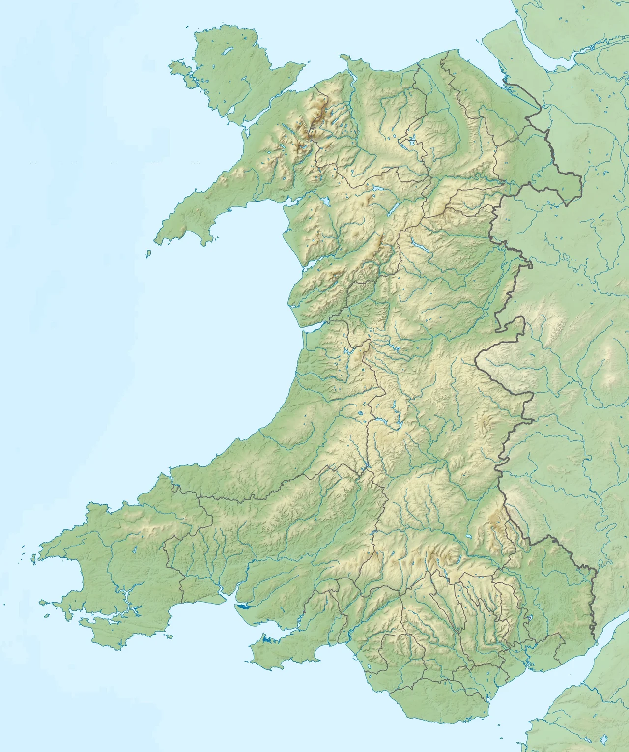 Relief map of Wales, UK.
Equirectangular map projection on WGS 84 datum, with N/S stretched 170%
West: 5.5W
East: 2.5W
North: 53.5N
South: 51.3N