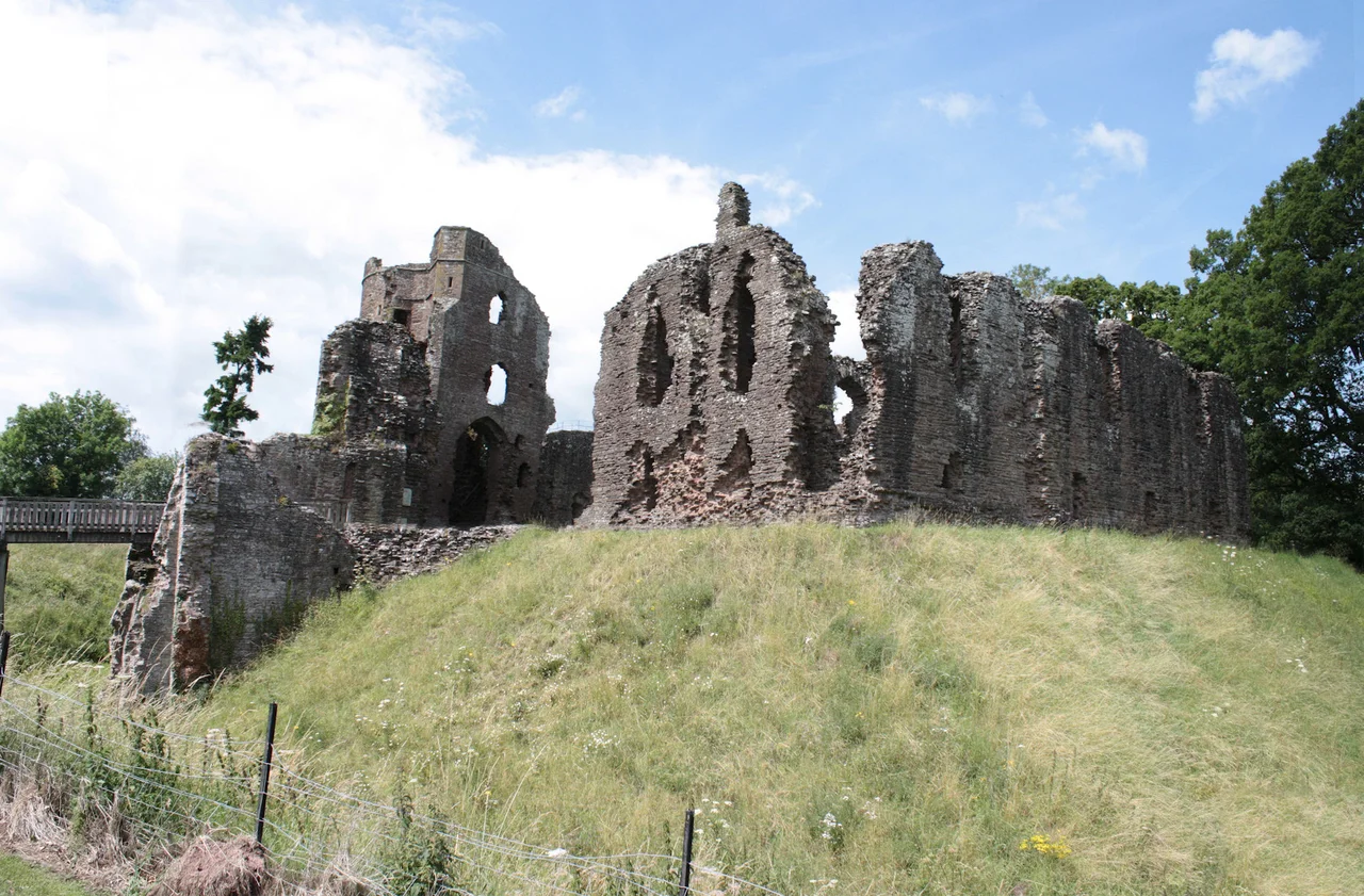 Grosmont Castle from the east. The ruined rectangular builing on the right is the early 13th-century Hall Block and to the left is the gatehouse.