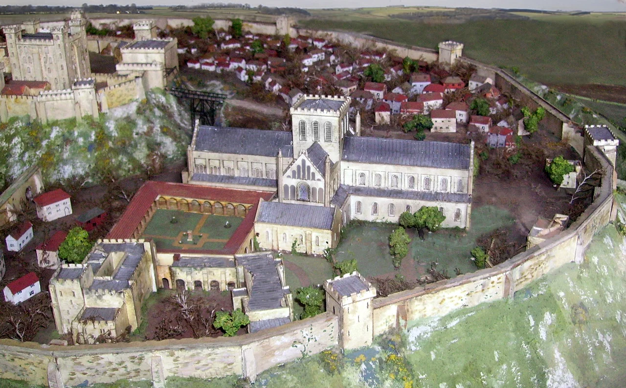 Model of Old Sarum in Salisbury Cathedral. Digitally modified to remove inaccurate west end towers from the model, revised damaged roof, added background.