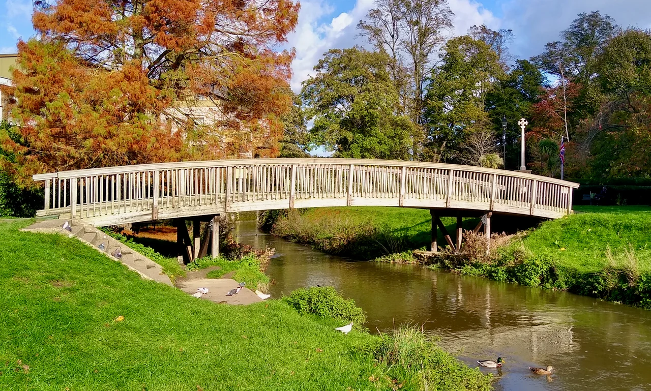 Wooden footbridge over River Wey (North Branch) at Gostrey Meadow, Farnham, Surrey