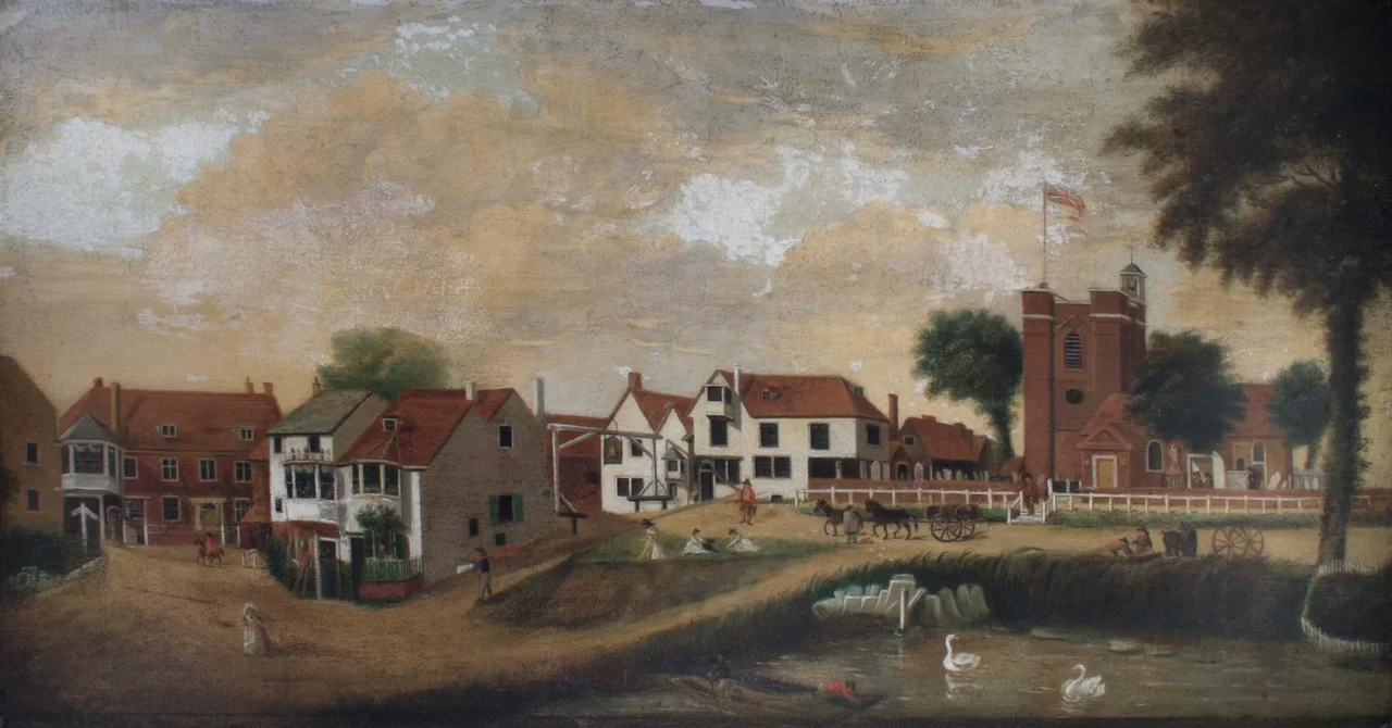 A painting of the Hampton, London riverside on the River Thames, showing St Mary's Church circa 1825. The church shown was demolished in 1829.