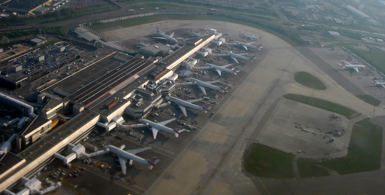 Aerial view of the London Heathrow Airport with several British Airways planes at Terminal 4