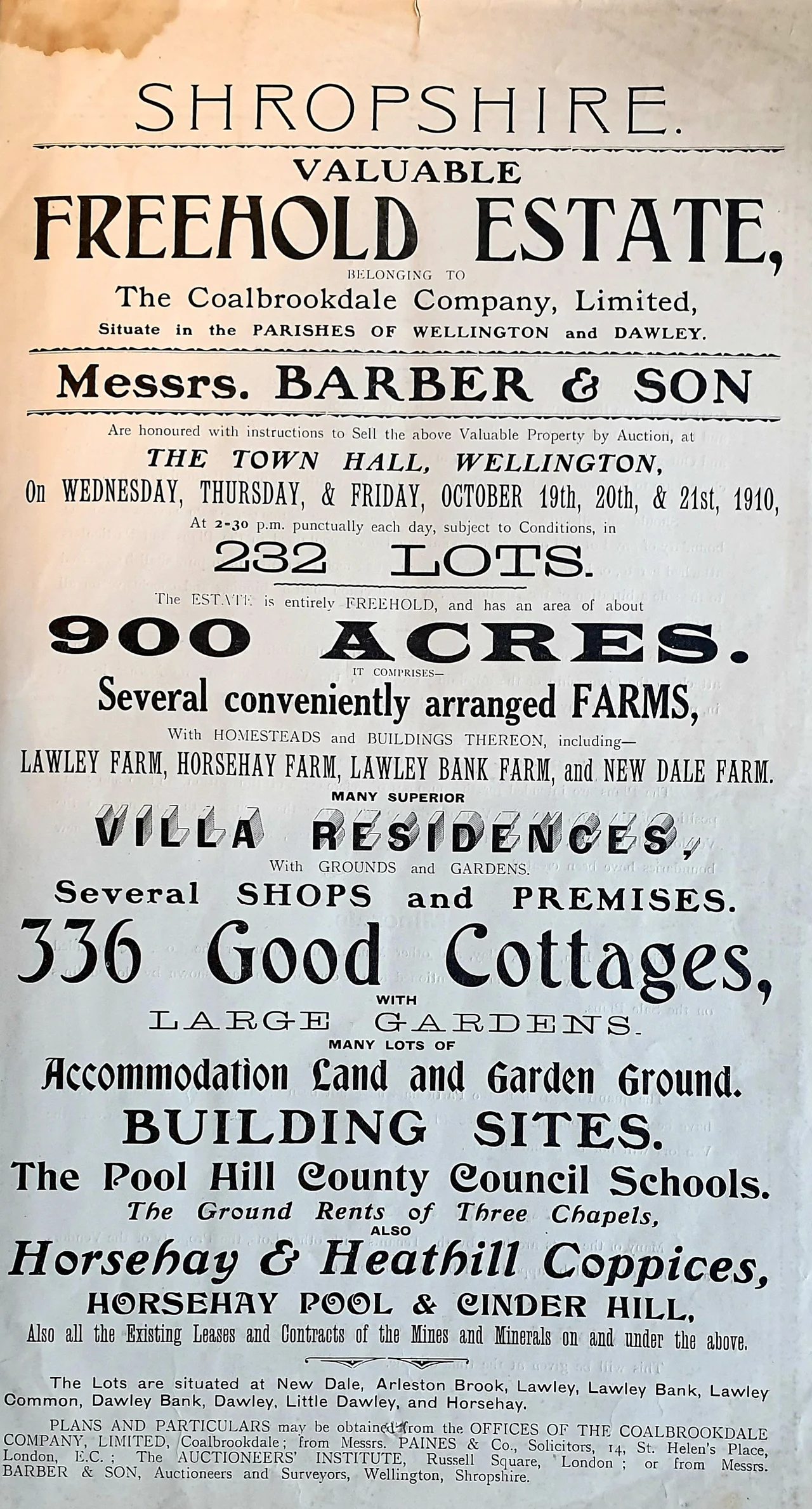 Poster for an auction held by Messrs. Barber & Son on behalf of the the Coalbrookdale Company in 1910.