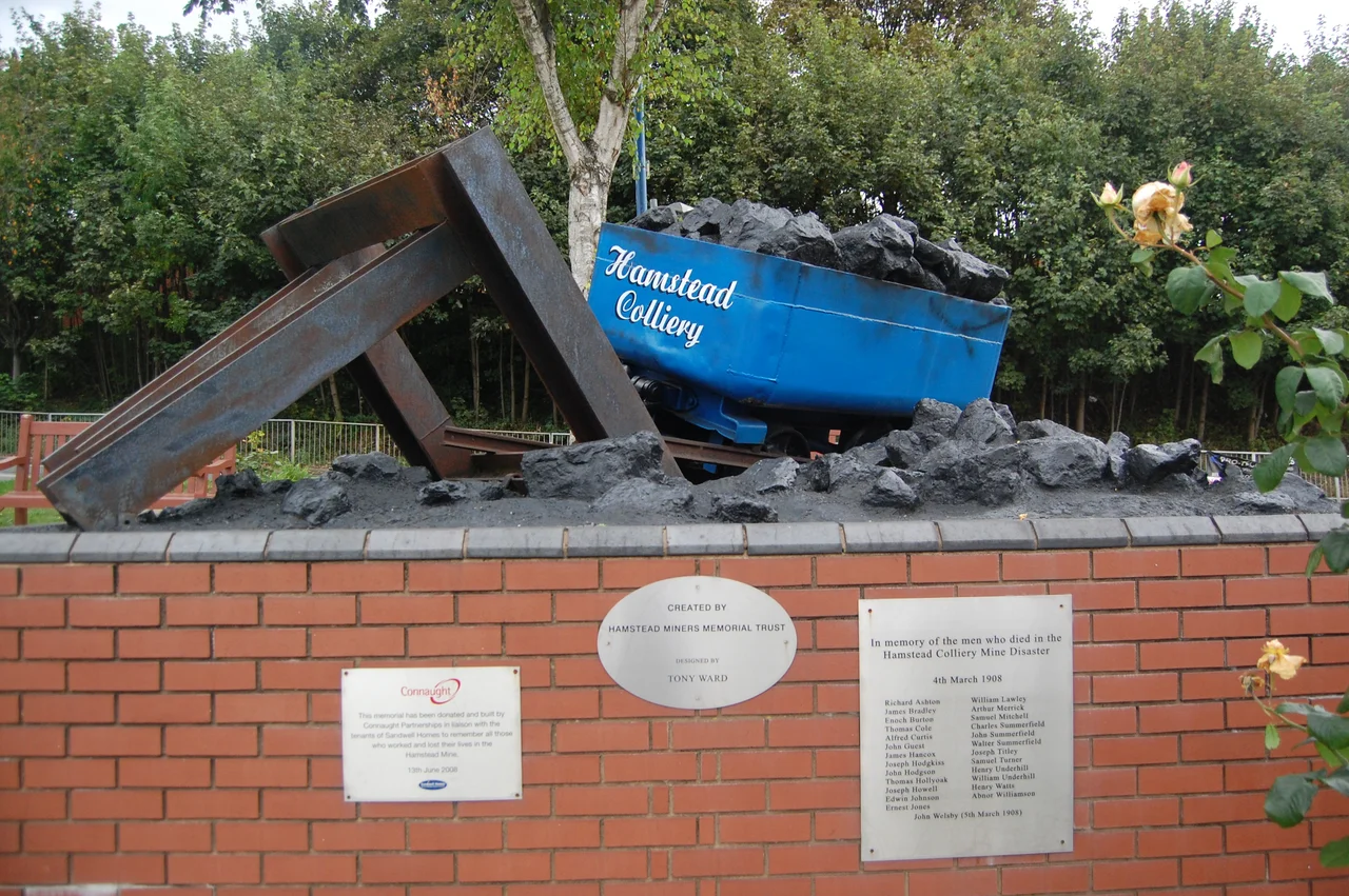 Memorial to miners lost in the 1908 Hamstead Colliery disaster. Erected in 2008 by the Hamstead Miners Memorial Trust.