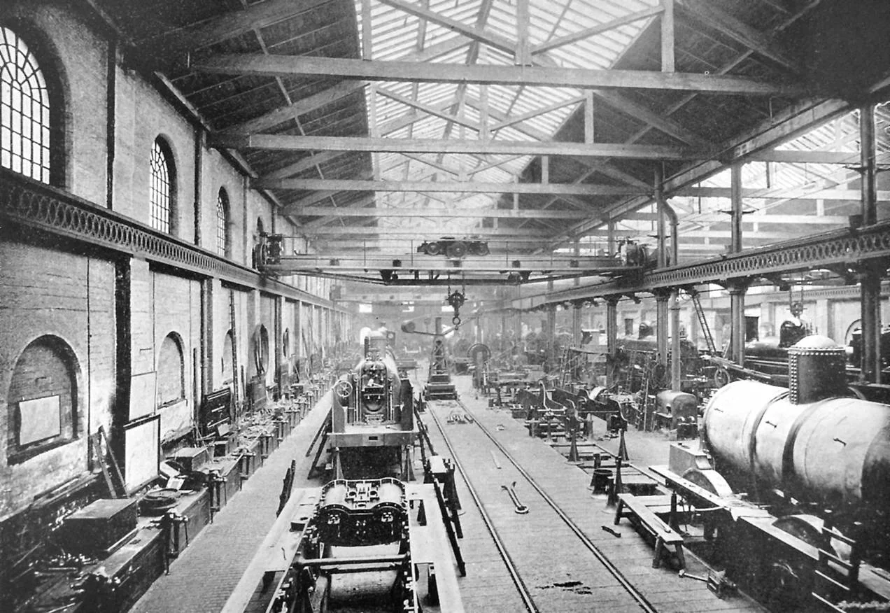 Erecting shop at the London and North-Western Railway engineering works, Crewe, Cheshire, England