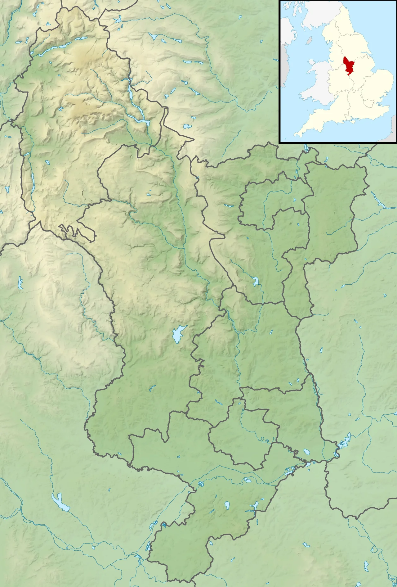 Relief map of Derbyshire, UK.
Equirectangular map projection on WGS 84 datum, with N/S stretched 165%
Geographic limits:
West: 2.06W
East: 1.10W
North: 53.55N
South: 52.69N