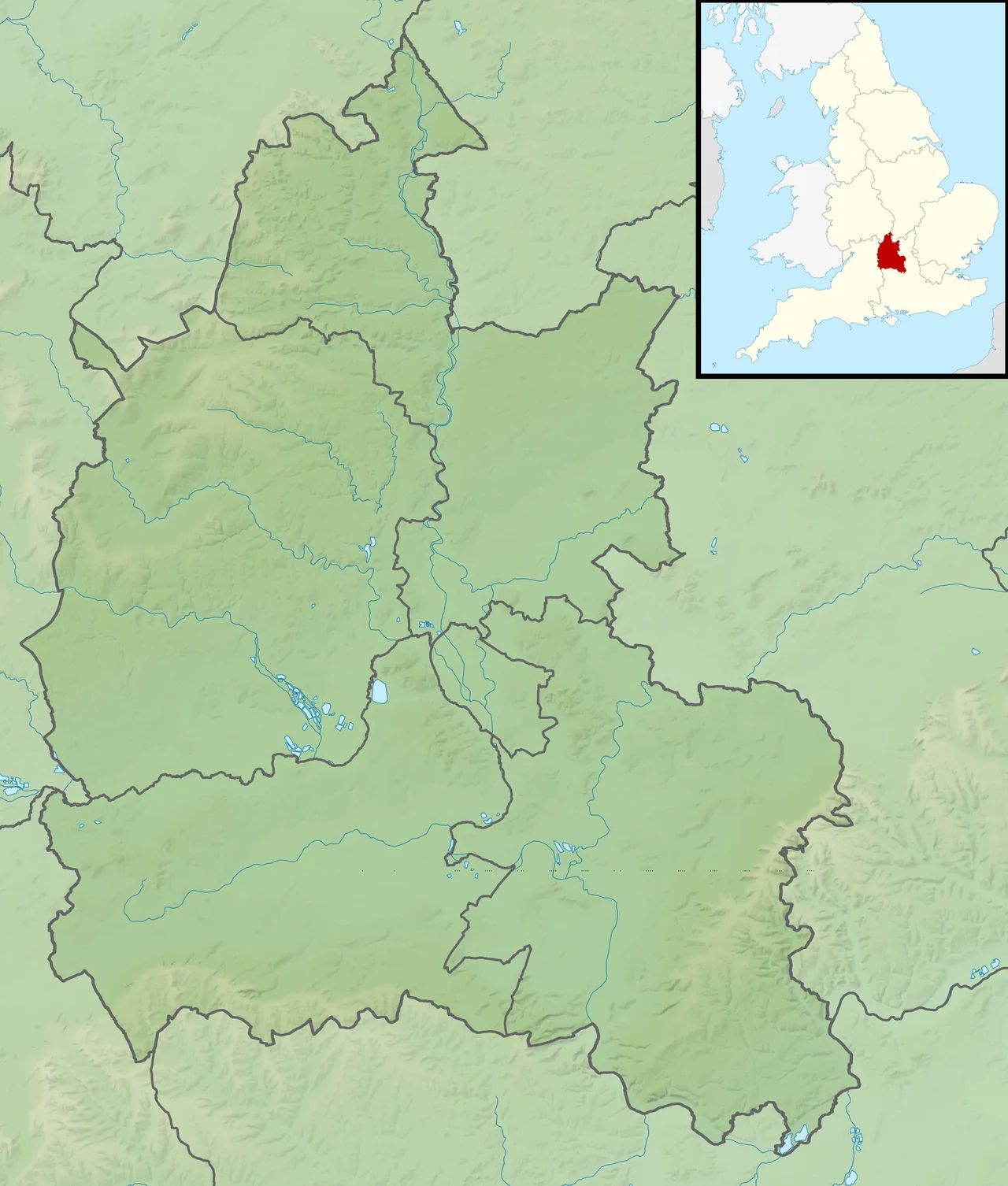Relief map of Oxfordshire, UK.
Equirectangular map projection on WGS 84 datum, with N/S stretched 160%
Geographic limits:

West: 1.74W
East: 0.72W
North: 52.19N
South: 51.44N