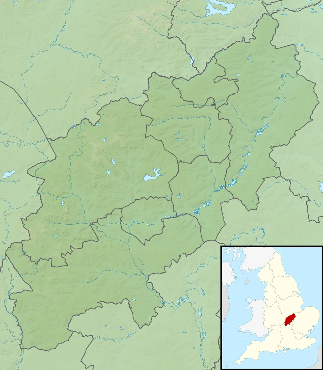 Relief map of Northamptonshire, UK.
Equirectangular map projection on WGS 84 datum, with N/S stretched 160%
Geographic limits:

West: 1.35W
East: 0.33W
North: 52.67N
South: 51.94N