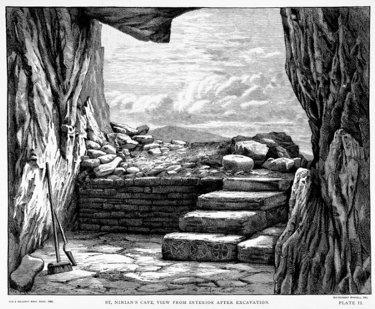 St. Ninian's Cave, Glasserton, Wigtownshire, Scotland, after excavations. by Sir Herbert Maxwell. 1885