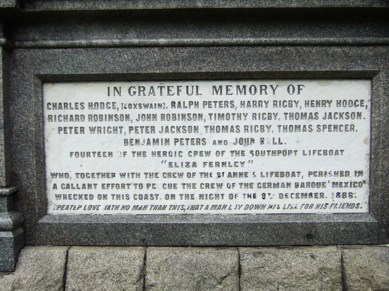 Inscription on the "Eliza Fernley" lifeboat memorial in Duke Street Cemetery, Southport, Merseyside, England.