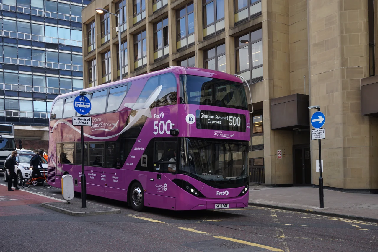 First Glasgow airport express bus (Alexander Dennis Enviro400) near Queen Street Station.